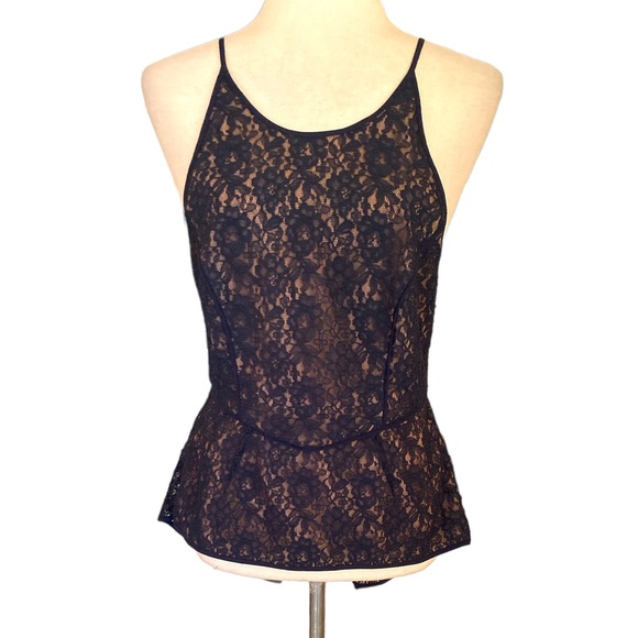 BCBGMAXAZRIA Navy Blue Crochet Lace Peplum Cutout Back Halter Tank Top - 6 - Picture 13 of 13
